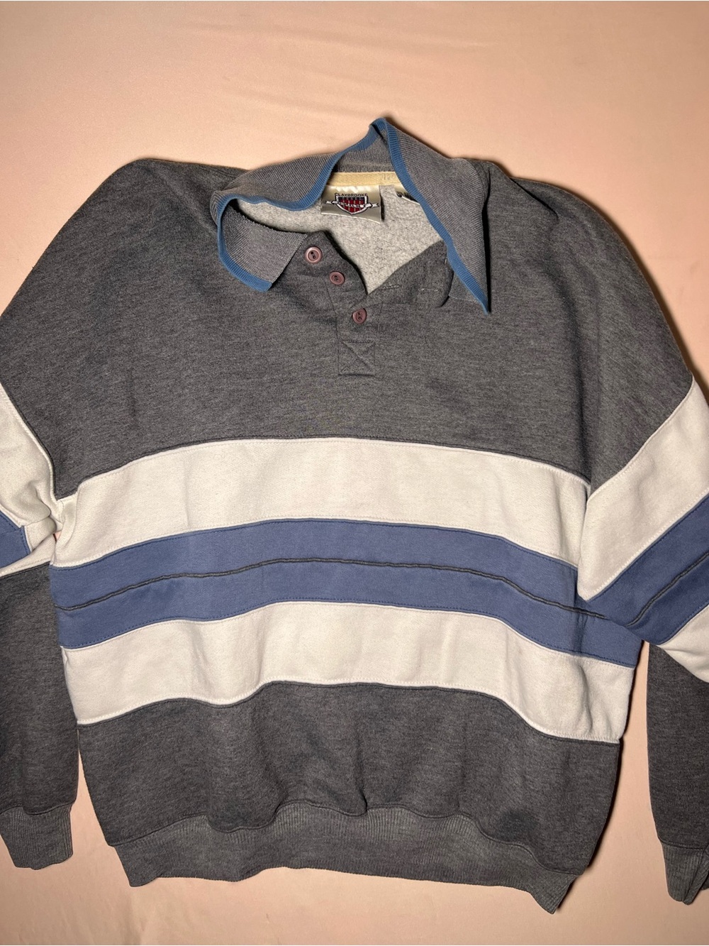 Men's Gray and Blue Striped Rugby Sweater